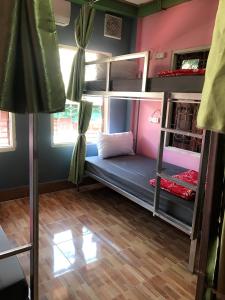 琅勃拉邦DownTown Backpackers Hostel的客房设有双层床和木地板。