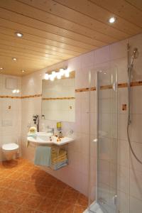 罗伊特哈斯特霍斯阿姆格哈本酒店的带淋浴、盥洗盆和卫生间的浴室