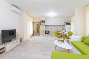 普罗夫迪夫Domus Apartments Grand的一间带绿色沙发的客厅和一间厨房