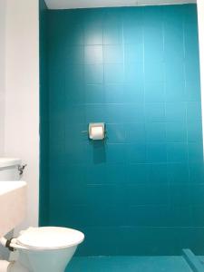 大山脚haus_22的一间带卫生间和蓝色墙壁的浴室