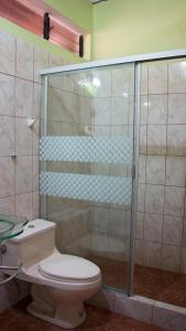 YurimaguasHotel Rio Huallaga的一间带卫生间和玻璃淋浴间的浴室