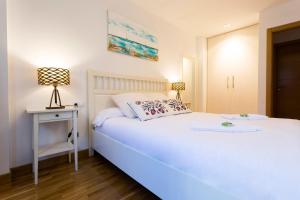宏达瑞比亚Ubilla - Basquenjoy的卧室配有白色的床、桌子和灯