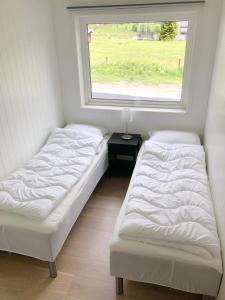 勒尔达尔Saltvold leilighet nr1的小型客房 - 带2张床和窗户