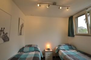 EelderwoldeDINOS Bed&Breakfast - Private Guesthouse的带窗户的客房内设有两张单人床。