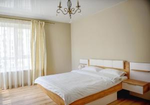 伊万诺-弗兰科夫斯克Apart Reserve Sloboda Klassik的一间卧室配有一张带吊灯和窗户的床。
