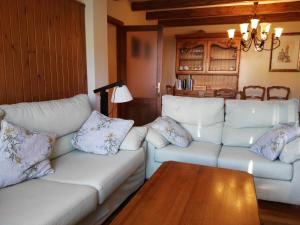 埃斯特里-德阿内乌Soleado En Esterri的客厅配有2张白色沙发和1张桌子