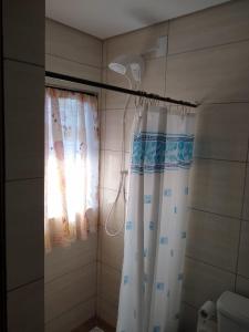 波梅罗迪Hostel Dina & Suítes的浴室设有淋浴帘和灯