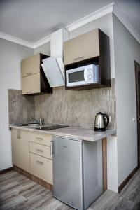 伊万诺-弗兰科夫斯克Apart Reserve Sloboda Loft的厨房配有水槽和微波炉