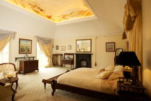 BallyraggetGrange Manor的一间卧室设有一张大床和一个壁炉