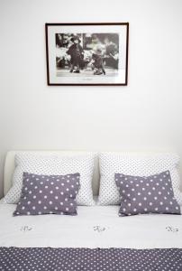 斯普利特Old Town Apartment Split的一张带波卡圆顶枕头的床和墙上的照片