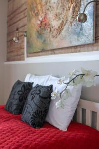 塔林Villa Kadriorg Hostel的一张带两个黑白枕头的床和绘画