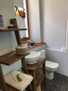 萨利耶德贝阿尔恩AUX ROSIERS的一间带水槽、镜子和卫生间的浴室