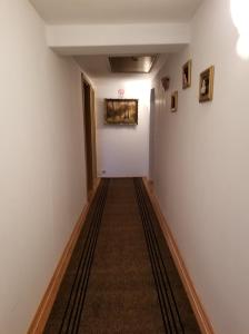 NemşaPensiunea Liana的长长的走廊,有白色的墙壁和地毯
