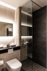 塞尔福斯Hotel South Coast的一间带卫生间和玻璃淋浴间的浴室