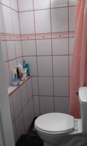 圣安娜Casa Blanca Tu Casa的一间带卫生间的浴室和粉红色的瓷砖墙