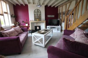 Précy-Saint-MartinMaison IZARO的客厅配有紫色沙发和壁炉