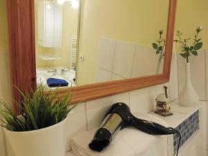 卡尔斯哈根Ferienwohnung Graf Möwe的浴室设有镜子和水槽上的吹风机