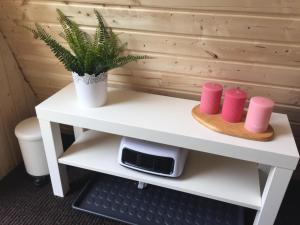 LaitilaTriangle Cabin的一张带植物和两个粉色杯子的白色书桌