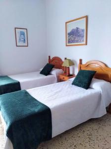 丰卡连特德拉帕尔马Pensión Los Volcanes的酒店的客房 - 带两张带绿色枕头的床