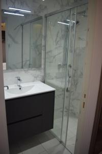 巴黎Hotel Puy De Dôme的一间带水槽和玻璃淋浴的浴室