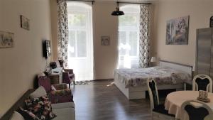 玛丽亚温泉Apartment Marienbad Hlavni 131/50的一间卧室配有一张床、一张沙发和两个窗户。