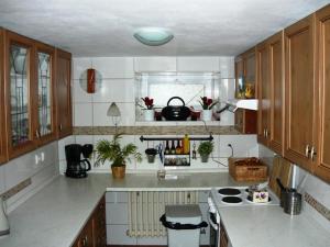 Dolni DvurChata Rozárka的厨房配有白色台面和木制橱柜