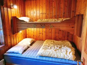 希塞里贝克Klarälvsbyn的木墙内带两张双层床的客房