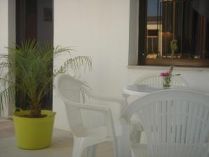 科林瓦里奥Iliaktida Apartments的两把白色椅子和一张桌子,上面有盆栽植物