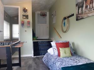 尼亚加拉瀑布Gracies Fallsview Getaway的一间卧室配有一张床、一张桌子和一张书桌