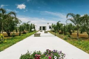 马蒂诺Dimora Capasi的穿过种有棕榈树和鲜花的花园的步道