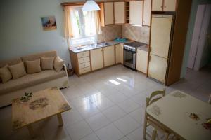 拉基索拉La casa d'estate的带沙发和桌子的厨房以及带冰箱的厨房。