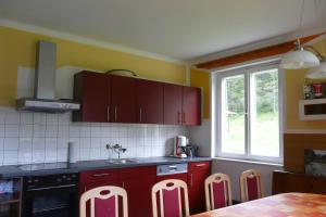 维尔达尔彭Waldcamp Frank的一间厨房,配有红色橱柜和窗户