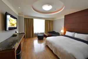 首尔湖畔旅游酒店的配有一张床和一台平面电视的酒店客房