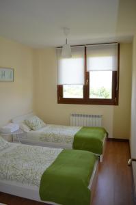 布里奥内斯罗斯尼托斯公寓的一间卧室设有三张床、绿色床单和窗户