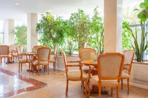 帕尔马海滩陶鲁斯公园集团酒店的植物丛中的一排桌椅