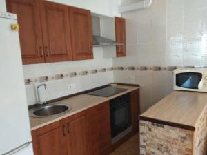 利乌玛Apartamento Guillem的厨房配有木制橱柜、水槽和微波炉