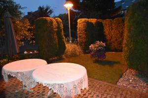 耶德库安特Villa Aušra的夜晚在花园里的几张桌子
