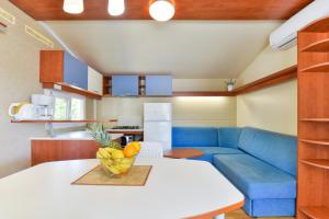 图兰杰Mobile house 5 Laguna的客厅配有蓝色的沙发和桌子
