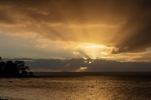 美洲河袋鼠岛美居酒店的日落在水体上,日落在太阳下