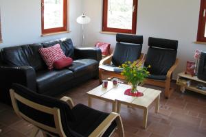 SzóládRobiniapark的客厅配有黑色真皮沙发和椅子