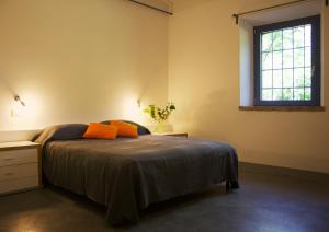 皮亚琴察Corte La Volta的一间卧室配有带橙色枕头的床和窗户。