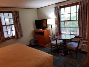 林肯法兰哥尼亚诺奇汽车旅馆的一间卧室配有一张床、一张桌子和一台电视。