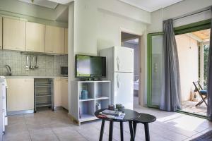 凯特利奥斯Earth Apartment的厨房配有冰箱、桌子和电视。