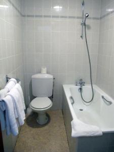 维里尔·杜·拉克酒店餐厅 - 金合​​欢美景的浴室设有卫生间、浴缸和毛巾。