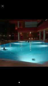圣贝纳迪诺Appartamenti Panorama的大楼里的一个大型蓝色游泳池