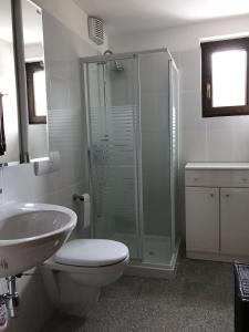 圣贝纳迪诺Appartamenti Panorama的带淋浴、卫生间和盥洗盆的浴室