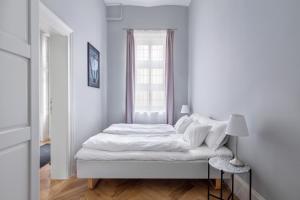 布达佩斯Spacious Victorian Residence by Grand Boulevard的白色的卧室设有床和窗户