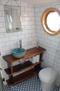 ChestertonCambridge Boat Hire的一间带水槽、卫生间和镜子的浴室