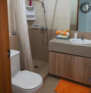 雅加达Devmoon apartment - A Big & beautiful unit in the South of Jakarta的浴室配有卫生间、盥洗盆和淋浴。