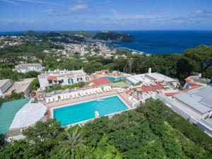 伊斯基亚Appartamenti Ischia la Sentinella的享有带游泳池的别墅的空中景致